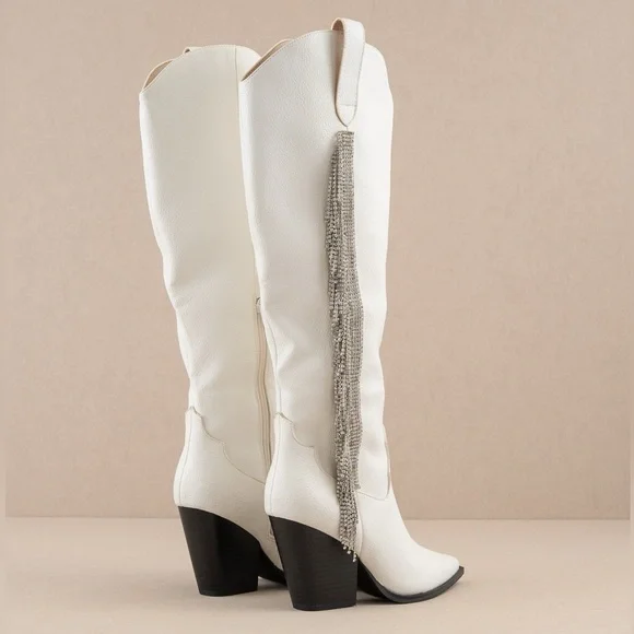 Rhinestone Fringe Knee High Western Boots - Oasis Society